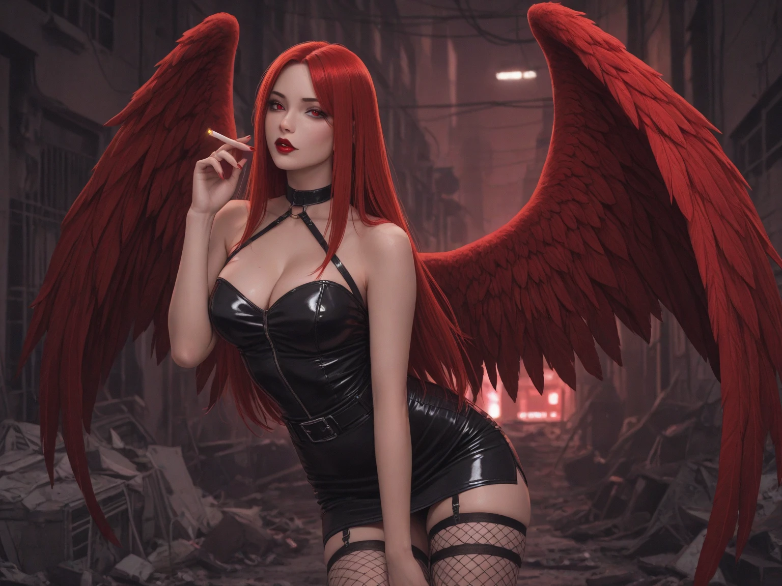 red evil fallen angel demon, with beautiful and huge wings, in apocaliptic city in flames