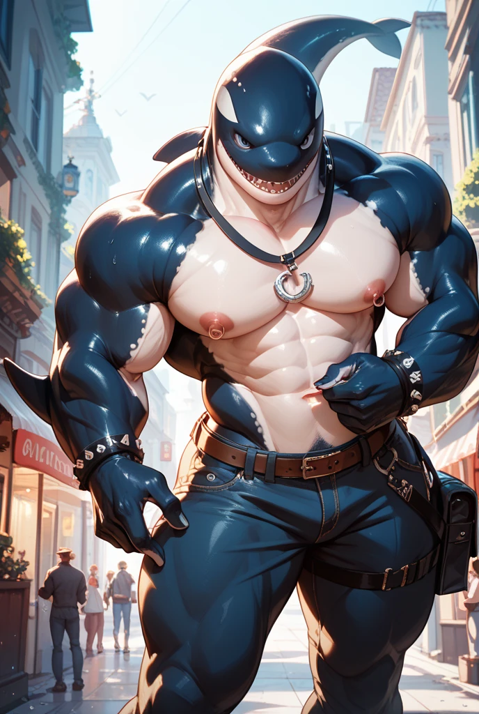 masterpiece, best quality, 8k resolution, Very detailed, Smooth,(((shark))),(((Mature))),(((middle age))),(((Blushing))),portrait,(((green eyes))),(((Strong))),(((Blushing))),(((Shirtless))),(((Super Muscle))),((huge)),Hip bulge,For the audience,(((Shameful))),Highest quality scene,Solitary,solitary,(((thong)),(((Hip bulge))),(((Sweating))),((Chains)),(((limb shackles)))),(((Neck collar))),(Shameful),Kneeling on the floor,(((kneeling))),(((Blushing))),(((fish skin)))