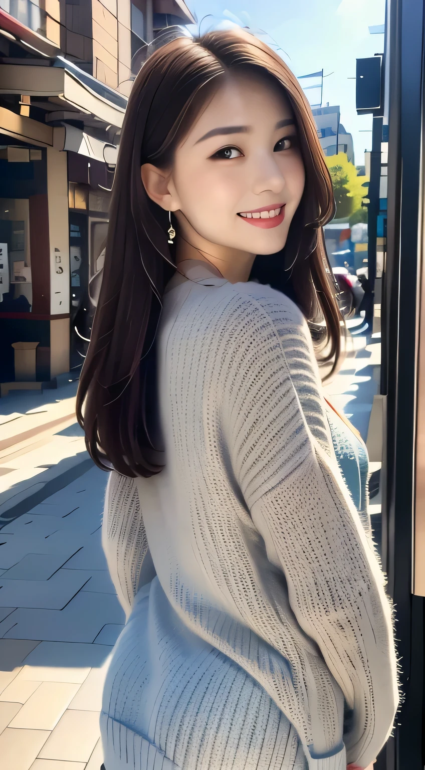 ​Masterpiece, 1 beautiful girl, A detailed eye, Puffy eyes, top-quality, 超A high resolution, (Realistic: 1.4), cinematic lighting, Japanese, Asian Beauty, Super beauty, Beautiful skin, A slender, Angle to shoot from the front, (A hyper-Realistic), (highlight resolution), (8K), (Very Detailed), (beautifully detailed eyes), (ultra-detailed)、 (wall-), A detailed face, Bright lighting, Professional lighting, looking at view, Facing straight ahead, (The costume  a knitted dress), Long hair, hair messy, asymmetrical bangs, night street scene, Brown hair, Japan idle, Korean Idol, posing Gravure Idol, age25, tall, smile,