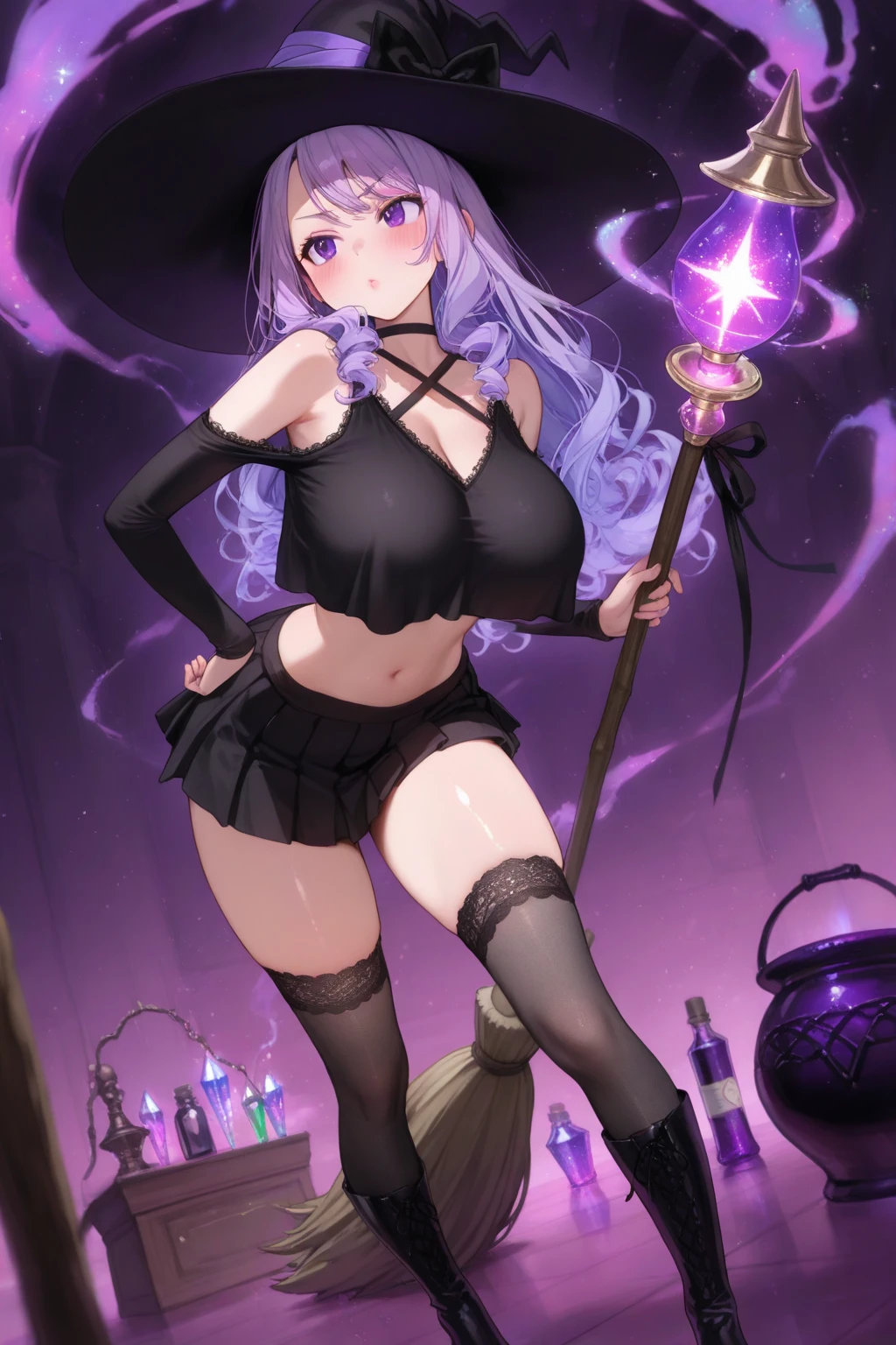 Uma Pequena e very sexy  Elfa fantasiada de bruxinha 1 metro e 60 centímetros de altura, corpo sexy, arms legs and hands well drawn and well detailed, well designed and defined body, very sexy, She is wearing an extremely sexy witch outfit, witch hat, black dress with purple details, with x-shaped handles,with a sensual neckline and very short skirt she is also wearing a cape and long stockings with a corset, (((white long hair))), medium breasts that are defined and well designed, shapely and sexy medium ass, little pussy, swollen with well-designed lust,  she has yellow eyes, full hd image, High definition,  4K, create image faithful to the prompt, detailed dem makeup,  (erotic tattoo)