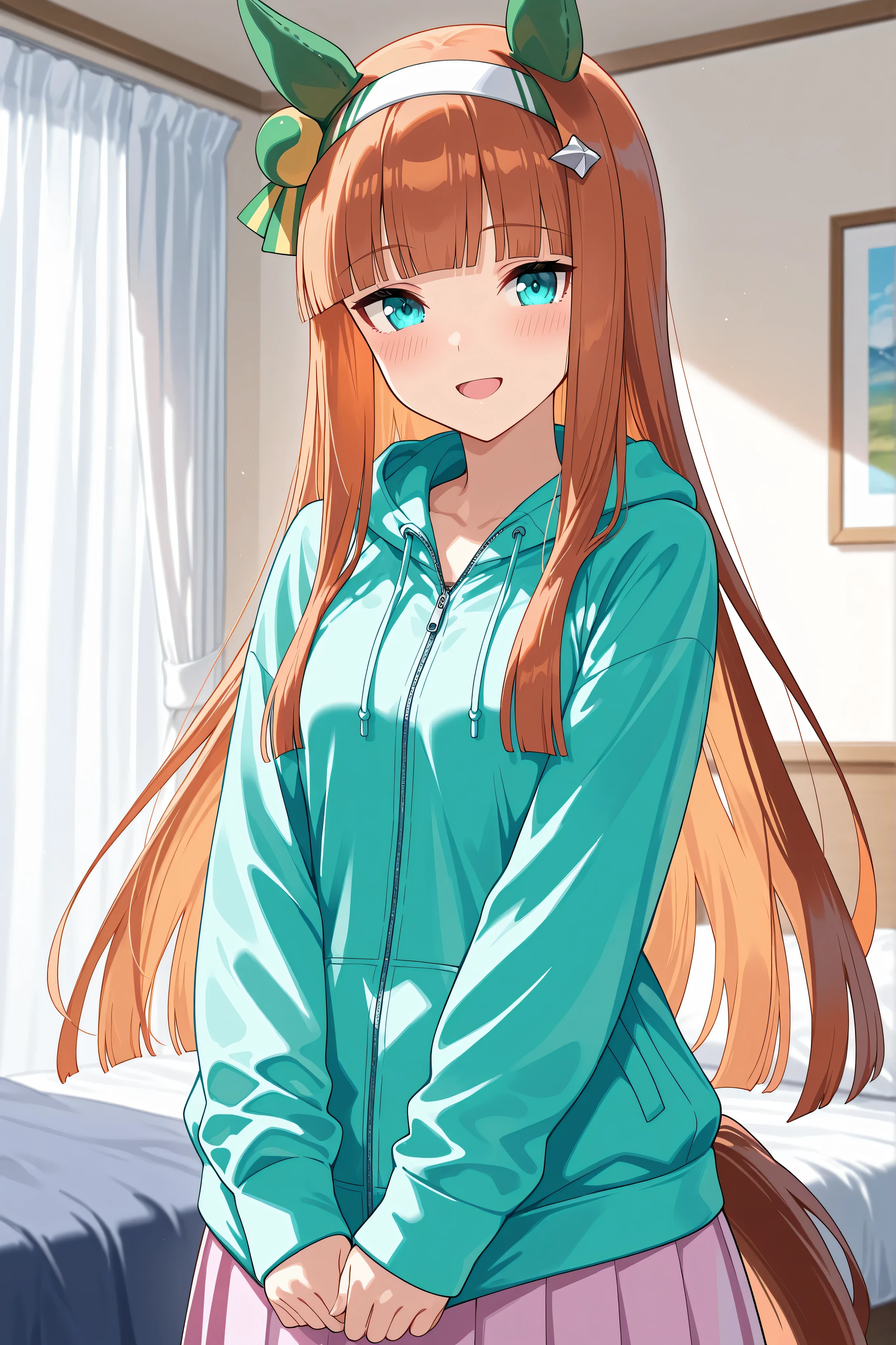 {{{masterpiece}}}, {{{best quality}}}, {{ultra-detailed}}, (detailed skin texture),solo, youthful face, silence suzuka \(umamusume\), naked light blue zip hoodie open, zip jacket, pink skirt , looking at viewer, blush, cute smile, open mouth, standing, straight posture, large living room, bed, white curtains, upper body,(from the same level)
