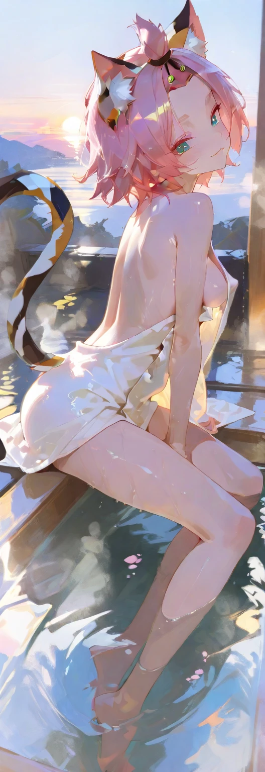 high resolution, maximum quality,  ultra-quality, The ultra-detailed, lighting up like a movie、standing on all fours、ass 、Forest ruins、Traditional costumes，(detailed white lace panties)、near by the pond、nice ass、perfect buttocks、embarrassed from、Water dripping、Using nun、（light blue long twintail hair），Buttocks up，ideal buttocks