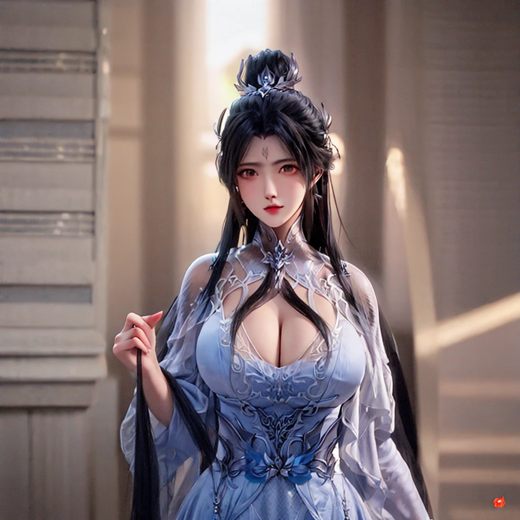 evil anime human woman. half-up long black hair. fair skin. purple eyes. gigantic boobs. Modest Wuxia clothes. snowflake necklace. mauve smirking lips. Realism style. 3D anime model style. CGI animation. Wuxia style. Frosted Garden background.
