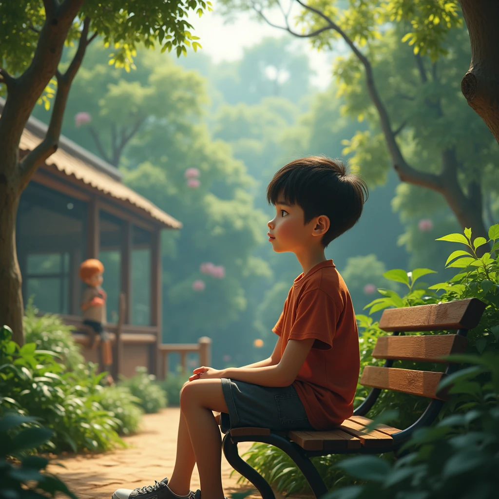 create a kid boy siting under the tree playing with animals a lake arround beautiful nature 3d cartoon 8k quality ultra realistic