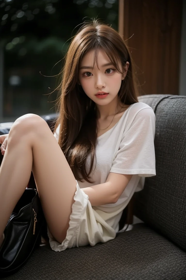 (Photoreal: 1.4), (Hyperrealistic: 1.4), (Realistic: 1.3), (Smooth Lighting: 1.05), (Improved Cinematic Lighting Quality: 0.9), 32K, 1 female, 24 year old female, Realistic lighting, Backlight, Face Lights, Ray Tracking, (Bright Light: 1.2), (Quality Improvement: 1.4), ( Top quality realistic textured skin: 1.4), fine detailed eyes, detailed face, fine quality eyes, dark brown eyes, (tired and sleepy and satisfied: 0.0), pale lighting, white background, white blouse, dark blue tight skirt, dark brown hair, squatting holding knees, white silk socks