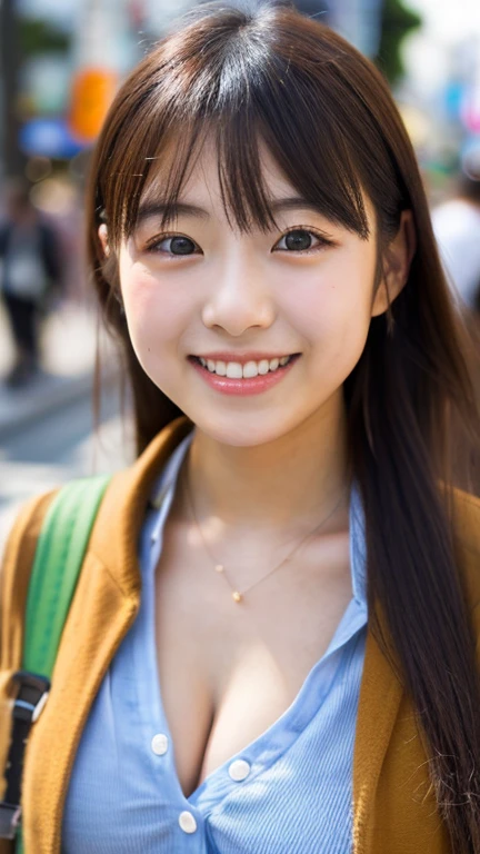 masterpiece,best quality,(Japanese ),((Beautiful girl)),cleavage,(perfect body beauty:1.2),(shy smile),beautiful teeth,(hat),(Shibuya scramble crossing),