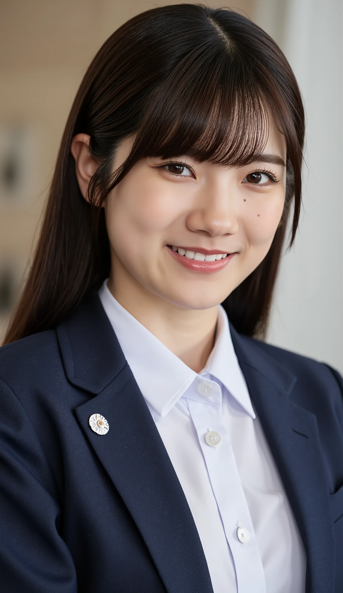 Neat Young Woman、and look at the camera、office lady suit、jacket、shirt、necklace、、ear piercing、、Has bangs、smile showing teeth、Bust Up Shot、background is office
