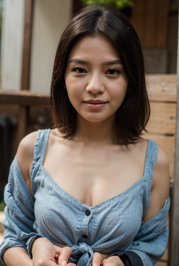 (Best quality, 8k, 32k, Masterpiece, UHD:1.2),Photo of Pretty Japanese woman,black short hair,beauty face,(leaning forward:1.3),squatting,(from above:1.2),(close up:1.4),pov,,looking at another,smile, downblouse,no bra,loose t-shirt,large breasts,denim shorts,beautiful nipple slip,pink nipples,outdoors,windy,shiny skin,blurry background