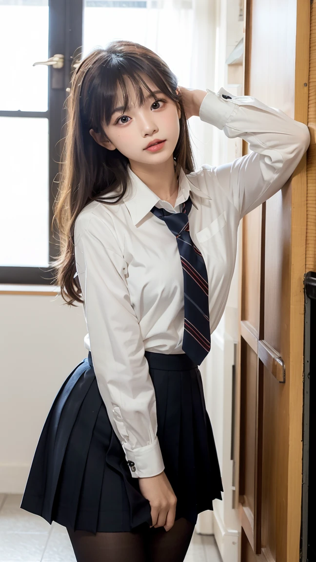 ((highest quality, 8K, masterpiece :1.3)), Photorealistic、Ultra-high resolution、Natural skin texture、Hyperrealism、Photograph from the knee up、12 year old beautiful Japanese girl、Large breasts、White collared shirt and tie、Checkered mini skirt、Serious expression、Angry