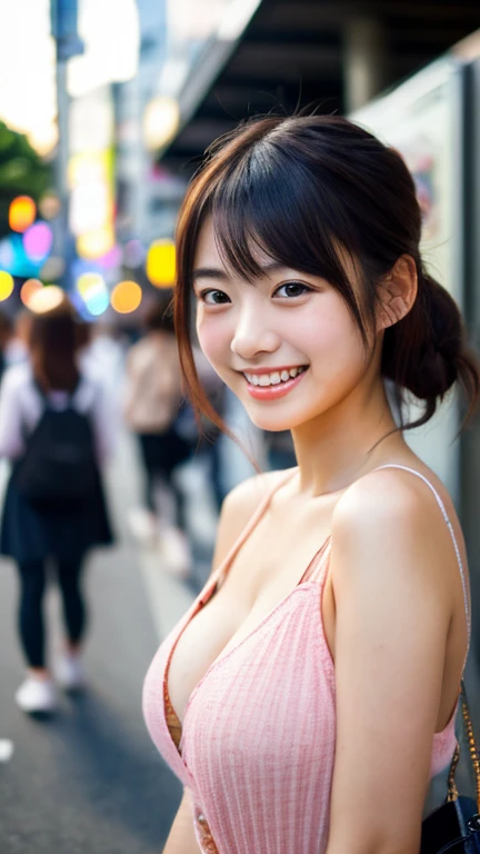 1womanl、hyperdetailed face、Detailed lips、A detailed eye、二重まぶた、ssmile、Colorful blouse、large full breasts、The upper part of the body、a closeup、Ginza Street in Tokyo、early evening、A city scape、depth of fields、8K、Raw photography、top-quality、masterpiece、realisitic、Photorealsitic、