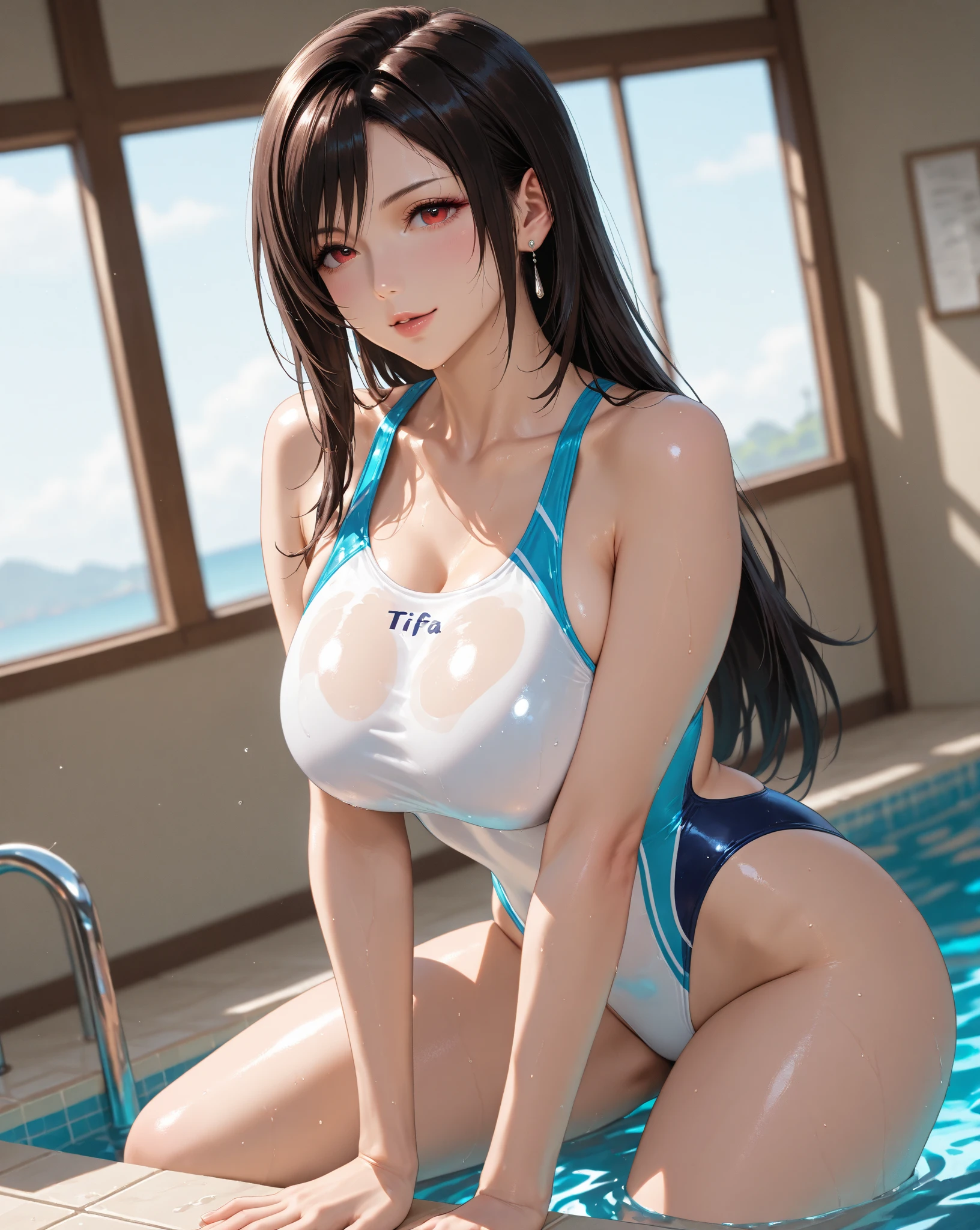 ((porn image),(nsfw),(spread pussy:1.5)),(looking at viewer:1.2),((1girl:1.5),curvy,petite,beautiful breasts,gigantic breasts,pale skin,(erect nipples)),((realistic),high resolution,best quality,masterpiece,(Sense of presence:1.5),(Dynamic:1.5),(bold:1.5)),((long hair),(thin hair:1.8),(wet hair),(straight hair),Swept bangs,(extra light coppery amber hair),(hair over one eye),hair blowing in the wind),((clothed),swimsuit),(pool side,sunlight),open legs