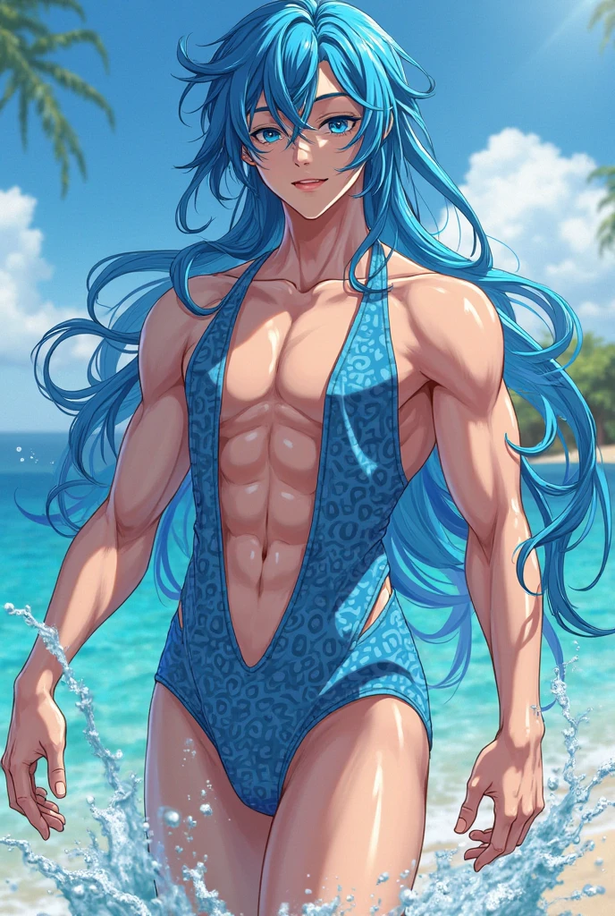 A muscular handsome blue haired man with silver eyes with long hair in swim trunks is smiling on a rock at the beach