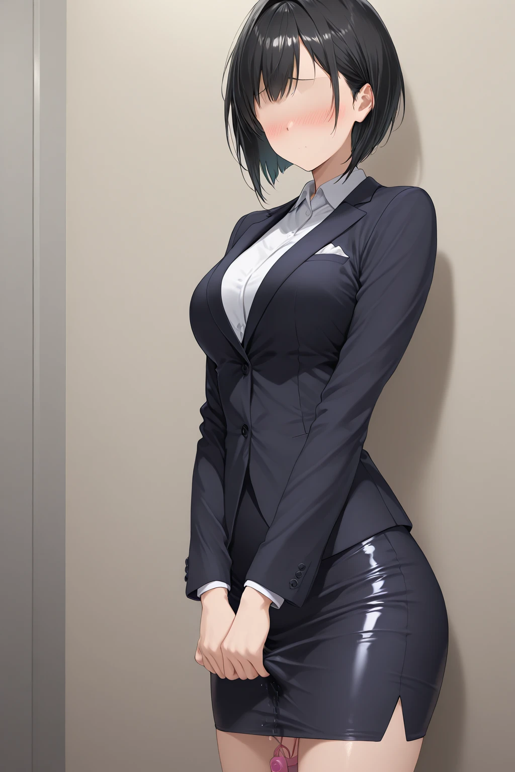 ((masterpiece)), (textured skin), ((high details)), best quality, award winning, 8k, ((beautiful woman)), beautiful lady in male clothing, (blue suit, brown tie), white shirt, ((three-piece suit)), black hair, swept bangs, bob cut, at office, lawyer, expressions, (from behind)