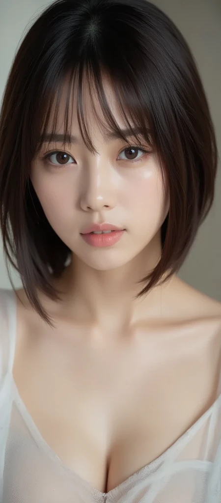 very small flat chest:1.2、White transparent nightgown、(Showing small breasts:1.3)、Putting on makeup:1.3、Face close-up:1.4、(((Looking into the camera:1.4)))、{{masterpiece}}, {{Highest quality}}, {{Very detailed}}, {{Small breasts}}, Cinematic Lighting,Beautiful and delicate shine, Dynamic Angle, Depth of the written border, Light_leak, wonderful, Fine details, 4K, 8k,Japanese Idols, Brown hair short cut:1.3、, The background is solid gray:1.3、, Dreamy look, Light background, {Sexy pose},