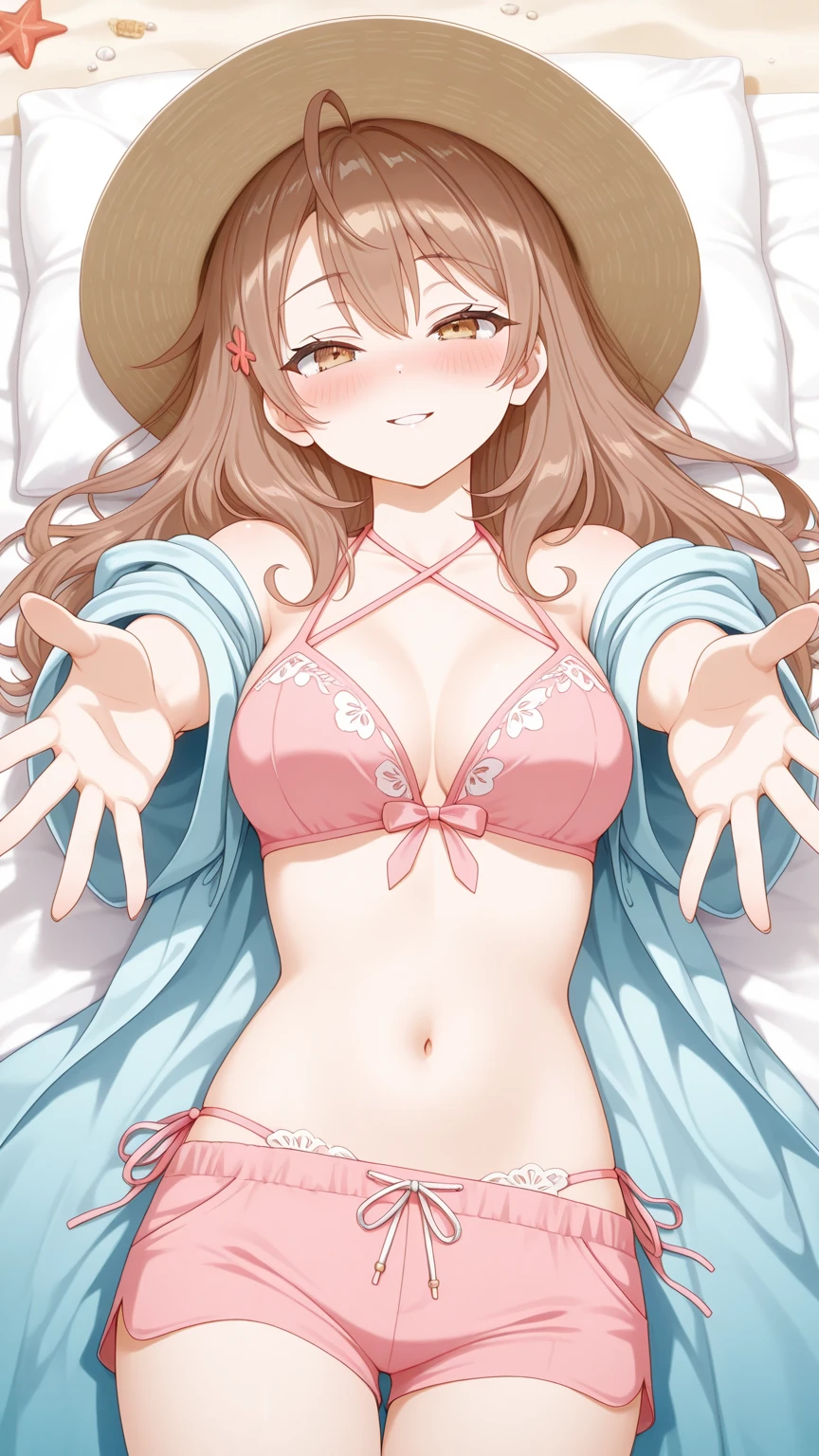 2 girls, the best, masterpiece, HD, (whole body), Symmetrical, Solitary, (whole body from head to toe), ((Moro Liberation Front)), Slingshot colorless transparent bikini, unrealistic, (( Camel toe)), ((((Transparent bikini)))), ((((translucent)))), ((((transparent)))), (((transparent clothing))), whole body视图, Look toward the camera, ((Life-size pillow)), ((dakimakura)), (Lying in bed),Physically Based Rendering, Beautiful women, Perfect body, Smile, bedroom, Giant breast, Barefoot, toe