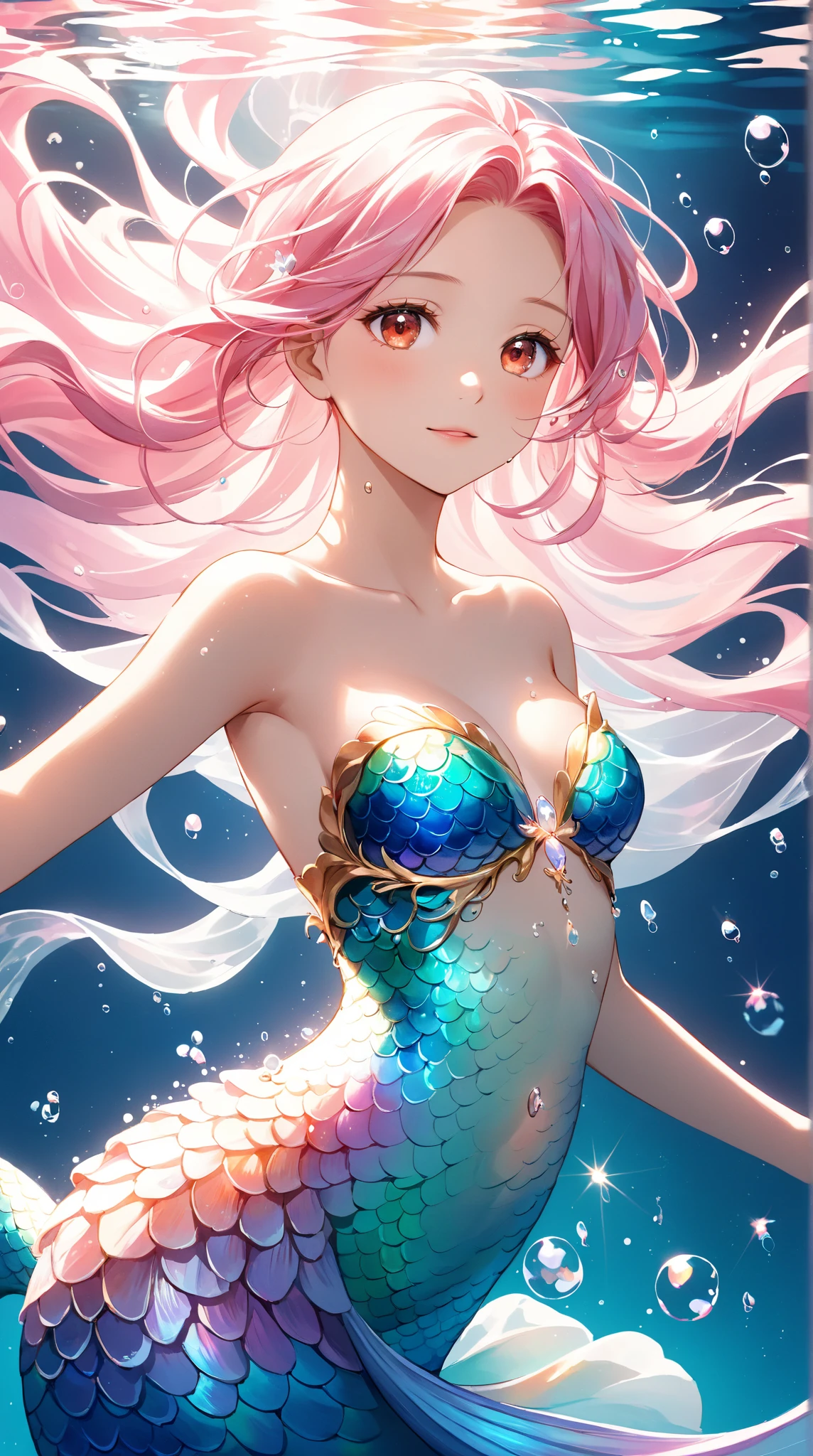 Milagra is a light peach mermaid with pink hair.
She wears a pink/purple top with jewels Her skirt is a multi-colored mermaid fin.
She comes with a pink crown and removable pink fin. SPARKLE; GLITTER