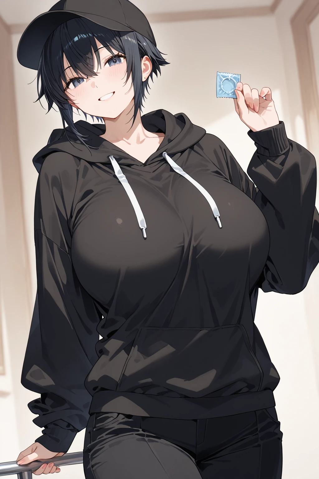 1 girl, beautiful face, big breasts, sexy body, hair tied back, annoyed face, wearing a hoodie