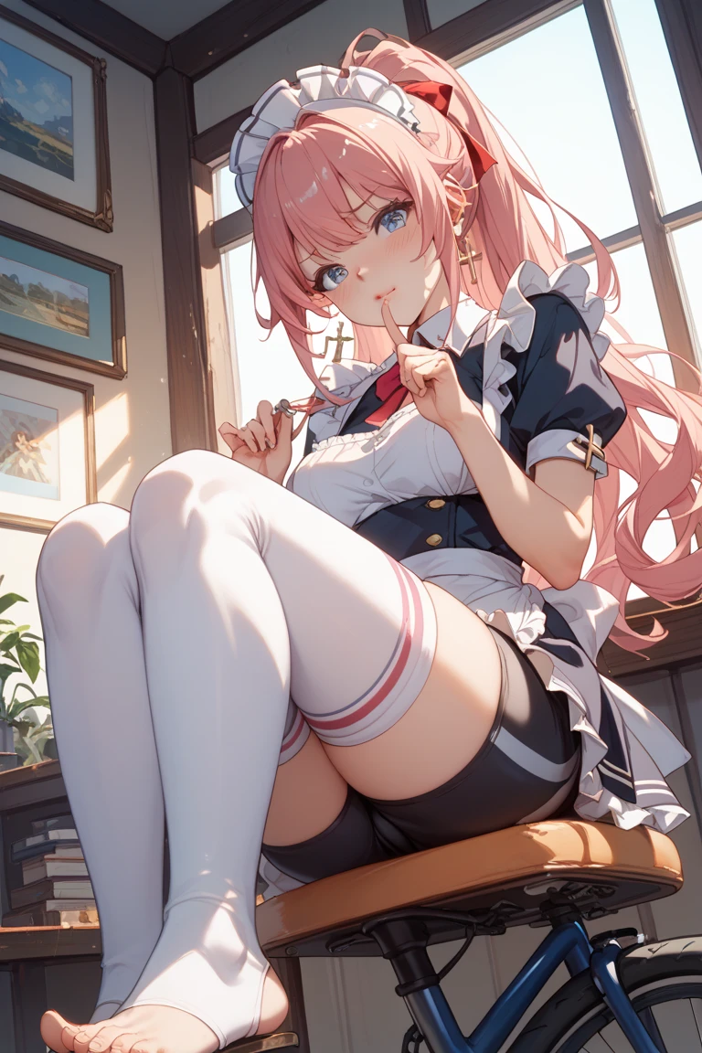 mika_misono， （tmasterpiece）， （（（Very detailed CG unity 8K wallpaper）））， daysies，
Best quality at best， illustratio， Beautiful Meticulous Girl， Lying on the window， depth of fields， Detailed face and beautiful face， largeeyes， Lace， frilld， ellegance，Raised sexy，Big-breasted temptation， pastel colour，Sketch of skirt in delicate transparent lingerie， filiform， long whitr hair， Pink hair， white stockings， Naked foot， Yellow eyes，
Falling petals， Enigmatic Atmosphere， 
glitters， llight rays， Lens glare， light particules， super-fine， exquisite detailing， cinmatic lighting， sharp fokus， Bokeh highlights， cinematic post process，