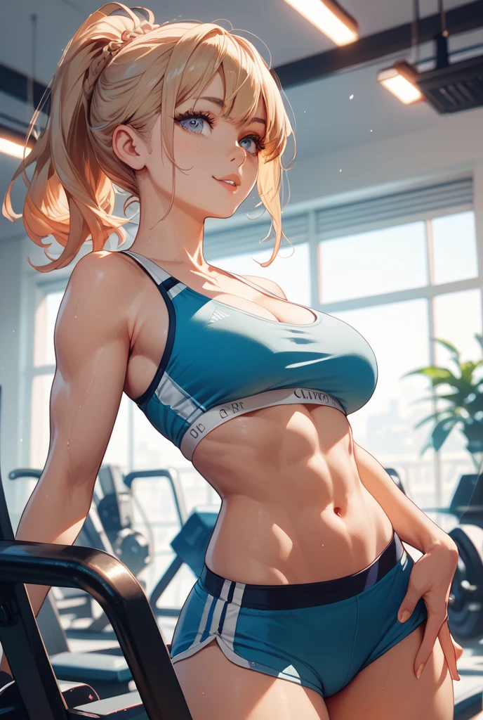 (realistic photo shot in a dark studio), (medium full body shot), (20 year old girl sexy poses in the gym), sports leggings, sports bra, beautiful detailed face, supermodel, (skinny and fit body:1.1), small breasts, pale skin, detailed long blond hair, heavy makeup, (realistic glistening skin), masterpiece, best quality, high resolution scan, (photo by Canon 5d, 50mm ZEISS lens), hourglass proportions, (8k uhd, hdr, dof), (professionally color graded), sharp focus, rim lighting, dimly lit, two tone lighting, dark,<lora:epiNoiseoffset_v2:1>