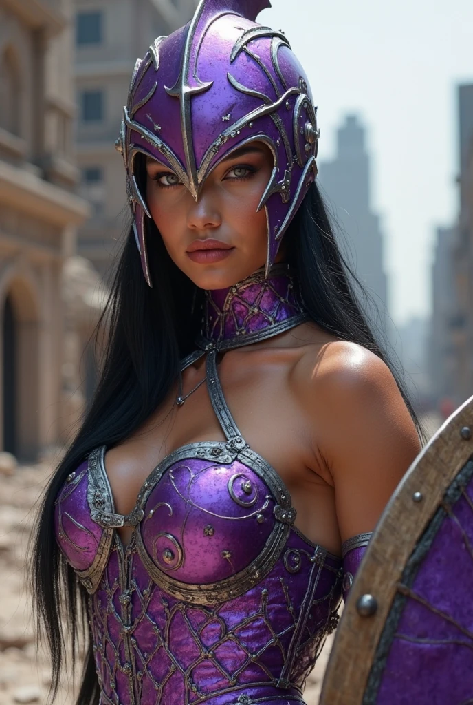 score_9,score_8_up,score_7_up,score_6_up,Megan Fox as nitaramk1xl,Megan Fox's face,red hair,green eyes,demon wings,looking at viewer,
silver armor,cleavage,tiara,purple outfit,looking at viewer,
outside,night,