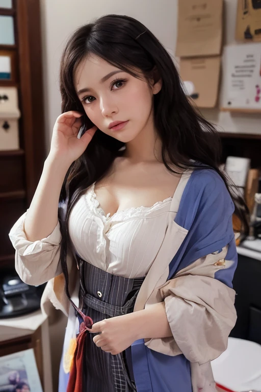 (((Gazing at the audience)))、smile、ponytail、Highest quality、masterpiece、Ultra-high resolution、(Realistic:1.4)、Pijama lace shorts、Cinema Lighting、(Ted gray hair、Normal bust:1.3)、Ultra detailed face、Detailed eyes、double eyelid、Big Hips、library、(Sexy young woman'Body:1.4),ponytail、