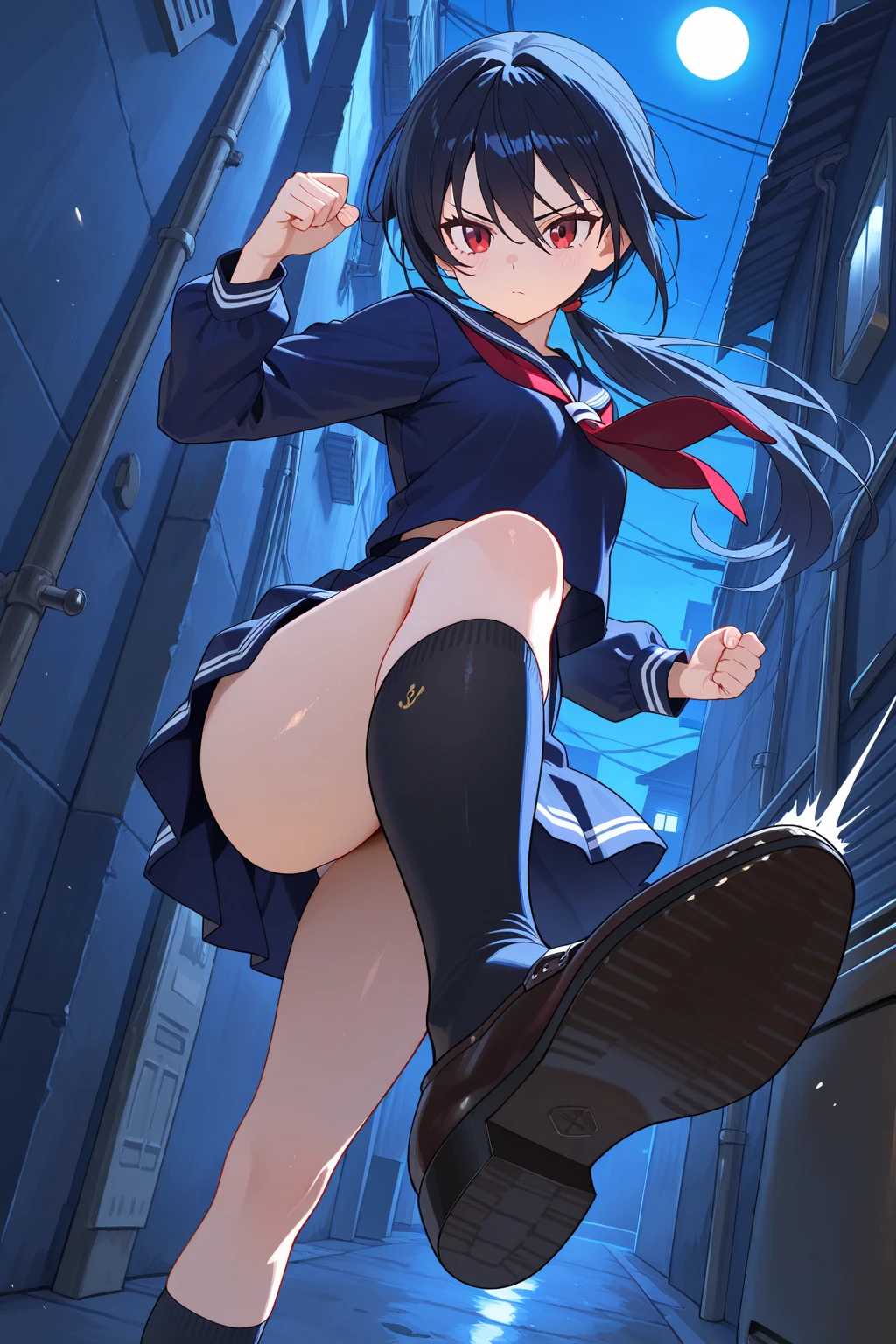 (Tabletop, Highest quality, Super detailed, 8k, ), ((Perfect hands)), ((Perfect Anatomy)), Medium cleavage, standing on the stairs of an abandoned concrete building、  ((Attractive anime one girl)), ((Rei Ayanami)),,((Detailed face)), ((Junior high school student wearing a dark blue uniform:1.2))、((White panties)) , Kamimei , ((Akame))、 ((Sticking out her big ass、Lean forward and turn)))((thin indigo short hair:1.0))、