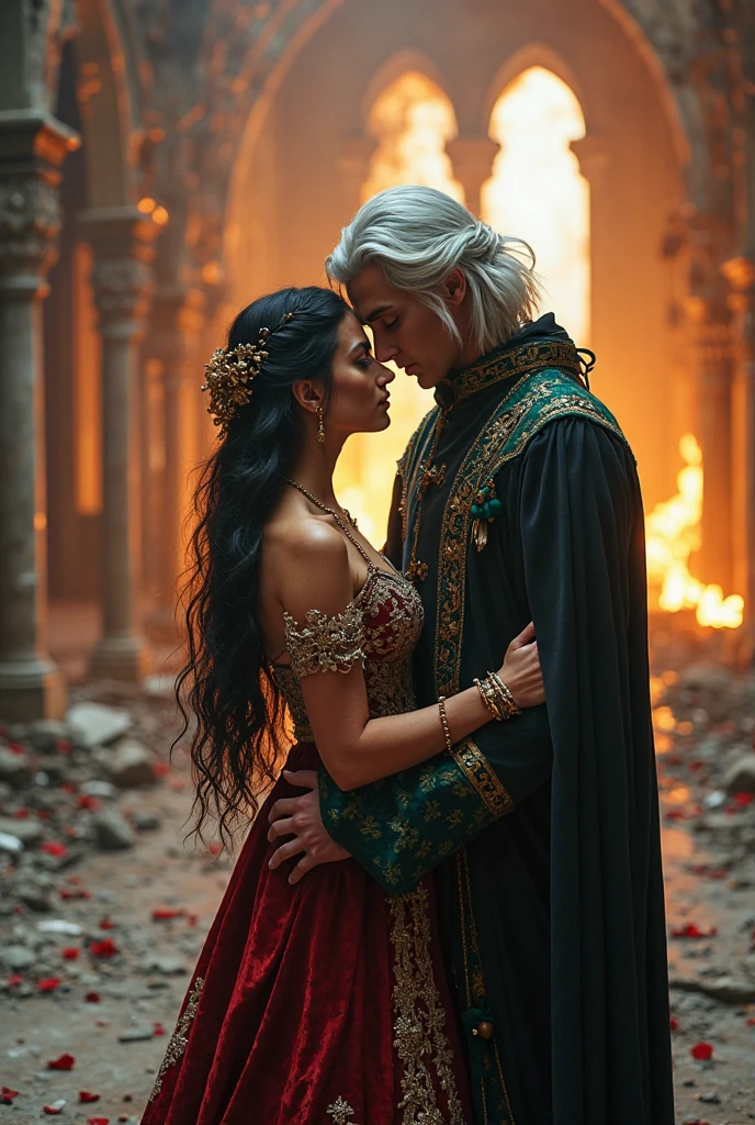 beautiful woman with long pink hair and hazel eyes and handsome man with neck length messy black hair, walking while holding hands, both clad in targaryen clothing. Castle patio background.