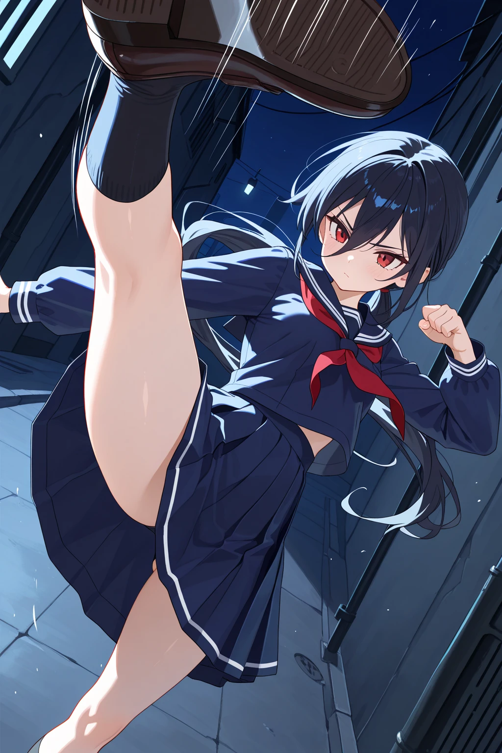 Action Scenes:Woman fighting the devil、(((masterpiece, highest quality:1.3,absurdres))),cowboy shot,18 year old beauty,solo,((very small head:1.4)),ponytail hair style,long hair,blunt bangs,black hair,glay eyes,Serious expression,blush,medium breasts,((very long body,slender body)),skinny,gleaming skin,shiny skin, ,(High leg white leotard)、(Short sleeve、Navy blue sailor collar、Red neckerchief、white_thighhighs)、White sneakers, ,Defeat the demon with a samurai sword slash、Abandoned Factory、at night、