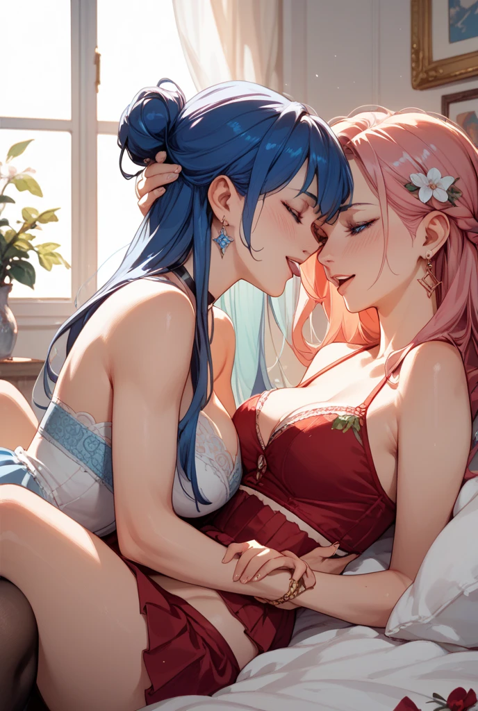 (masterpiece),(highest quality:1.1),(super detailed),best illustrations, (1 girl:1.3)、(Two women kissing)、(stick your tongue out)、(touch each other&#39;s tongues),Looking at each other、Thretta Mail、tall、((cute bra、cute panties))、((redhead、Ahoge、blue eyes))、Mioline Remblanc, Asticasia , alone, long hair, gray eyes, gray hair, Ahoge, bangs, hair between eyes, adult bra、Adult Panties、(lily、lesbian、Hugging each other)、(((I'm kissing)))、Bedroom、Bed