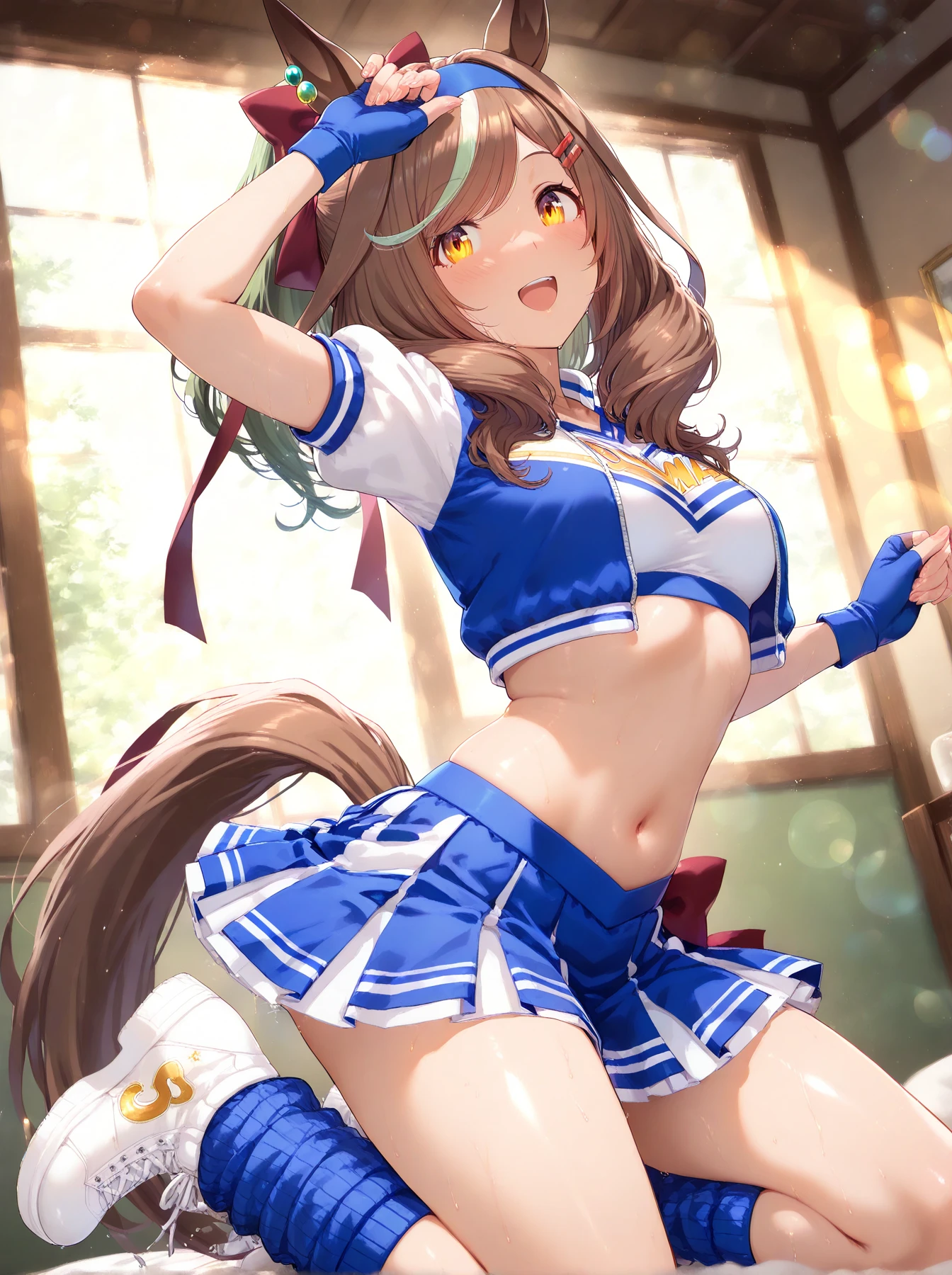 highest quality, Super detailed, masterpiece, Ultra-high resolution, 8k, Ridiculous, Cowboy Shooting, Focus on the girl, Embarrassing, blush, Lovely, Close one eye, With tears in her eyes and her mouth open, drooling, (arms behind head), Classroom Background, [1girl, daiwa scarlet \(umamusume\), umamusume], (Sailor suit), mini skirt, Light blue striped pants,medium breasts, cleavage, crop top navel, Black knee socks,Thighs,Waistline, (high angle shot)