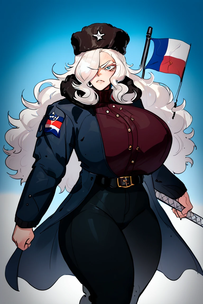 A woman wearing a blue dress with a red stripe and red stars pattern, exposed shoulder, silver hair, short hair, weak blue eyes, smiling, big breasts, wearing a white fur cape, perfect face, holding an iron bar with the flag of the United States , red heel, postured standing in a garden of the white house, white house of the united states, night place, lawn around,,UHD , prime work , accurate , anatomically correct , textured skin , super details , high quality , best quality, 8k, high resolution, bokeh effect. (woman alone)