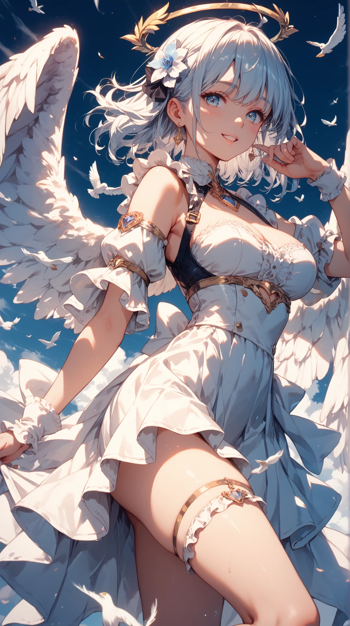 1 girl, cowboy shot, solo, perfect anatomy, standing, spread arms, mami tomoe, masterpiece, best quality, highres, big breast, closed eyes, :o, (fluttering skirt, white panties:1.2), sacred, glitter, sparkle, spot light, transparent clothes, wet, scenery, look another