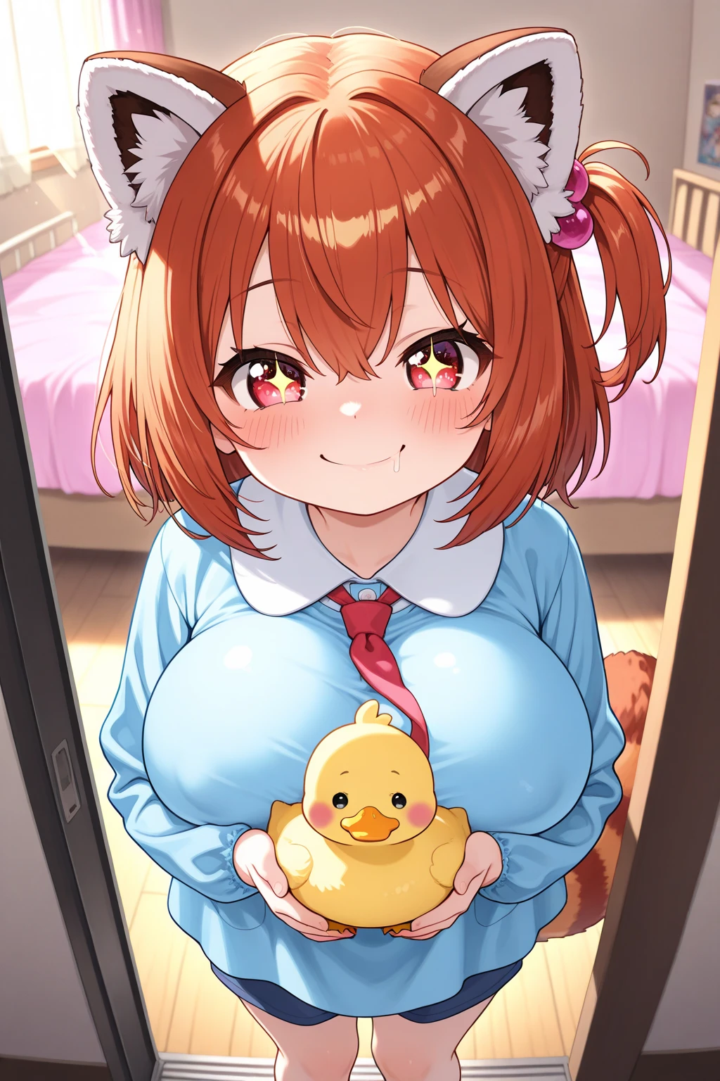 One girl, bed_Sheet, black_Legwear, blush, chest, chestの谷間, clavicle, Cover, Cover_chest, Crossed_arms, green_eye, Moderate_chest, Foggy_(Pokemon), belly button, nude, orange_hair, short_hair, ~ side_ponytail, sign, Sitting, alone, Knee socks, topless, 