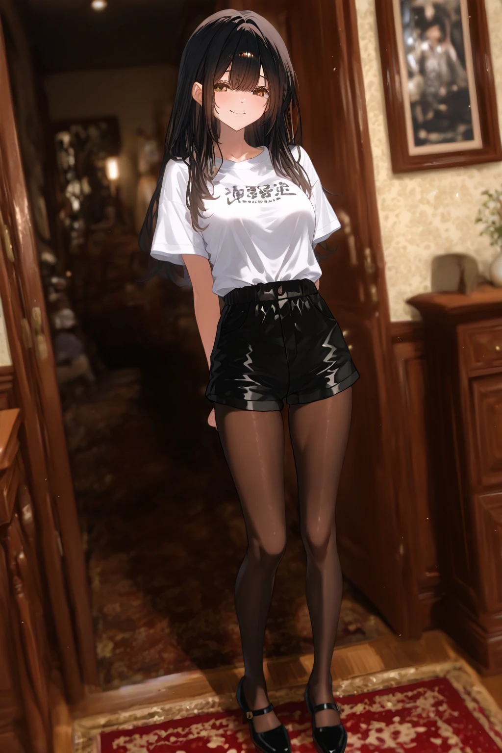 (Masterpiece, best quality, intricate details, 1sologirl) iron collar, arms behind back, iron cuffs, shackles, leather collar choker neck bell, bound ((standing by wooden pole:1.2)) ((female Black Dark skin Gyaru)) show entire body frontal position, feet in view, realistic, gorgeous 16y.o. darkest skinned mixed race female, black African, transparent black pantyhose, legs open, museum,barefoot no shoes, looking to viewer straight symmetrical, white silver long hair