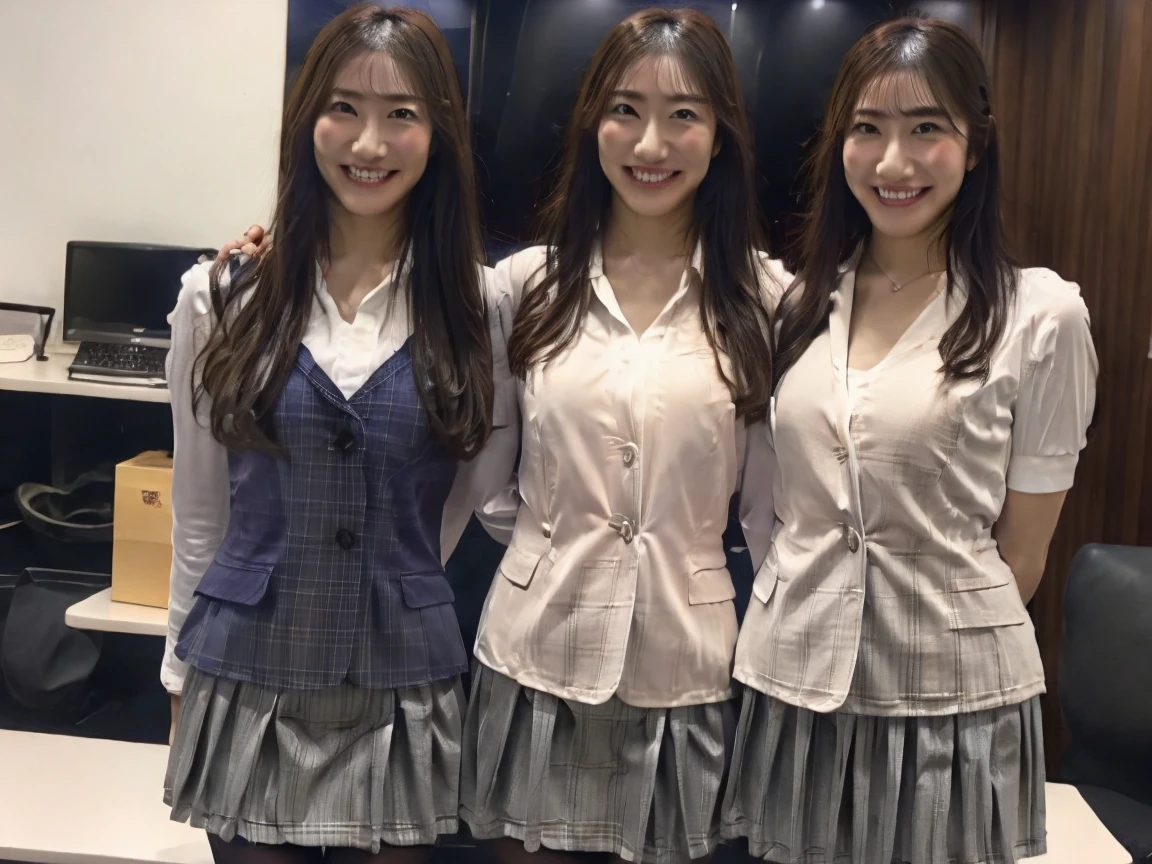 A close-up photo of two Japanese high-school girls, Hair tied up, Bangs down, (Double eyelids), looking at the viewer, (Sitting on the sofa), (All smiling), Highest Resolution, masterpiece, (All wearing formal coat and swimsuit), (All wearing earrings)