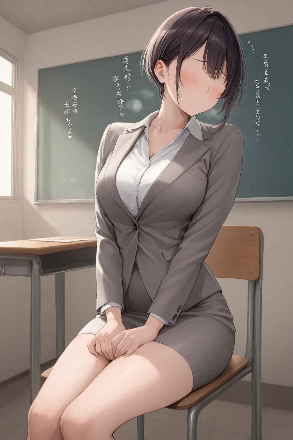 Female teacher pees pee、Face-to-face、Female teacher wears a black jacket、Female teacher wears a black miniskirt、Image looking up at a female teacher from below、Female teacher's white panties are wet with urine、Female teacher has a perfect body line、Female teacher has big、The female teacher stands in front of the pipe chair,  a little and pees.、Female teacher has straight black hair、Heavy pee、The female teacher has teary eyes and looks embarrassed, but she can't stop peeing.、The interviewer looks surprised and curious.、HD image quality