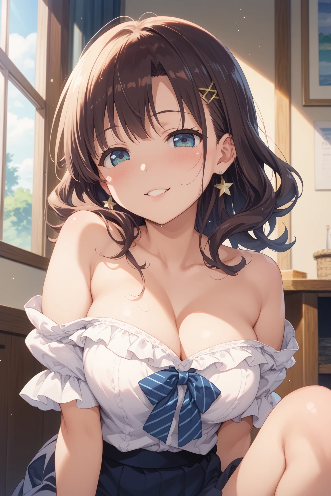 (best quality), (Super detailed), (Best Illustration), (woman), look at viewer, (ribbon bikini), (large Breasts:1.2), {brown hair, (bob cut:1.2), curly hair, hairs between eyes}, {(detailed eyes), heart-shaped pupils, blue eyes}, blush, sweat, steam, earrings, (rabbit hairband),