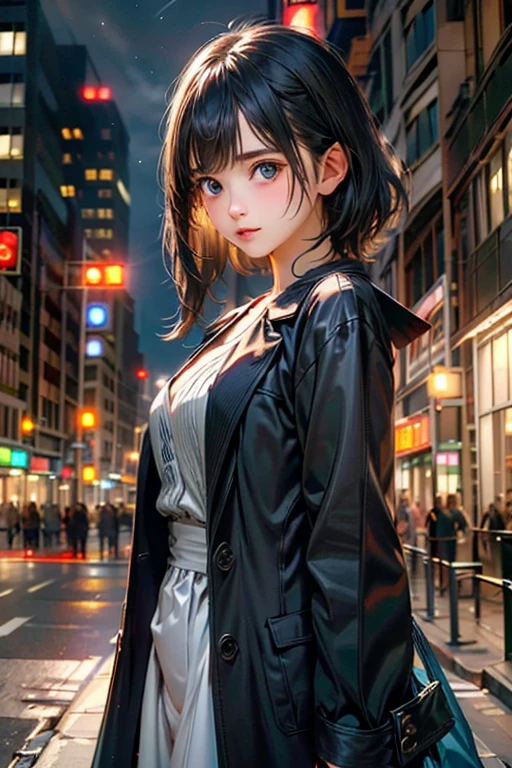 Cinema Lighting,Highly detailed skin、Beautiful details、Highest quality,cyber punk,(Exchange、Dim color, Calm tone、Perfect Anatomy:1.3),(One beautiful woman、Beautiful features down to the last detail:1.3)（Black short hair）Shapely breasts、break.White Shirt Tops、Black Satin Suit Slacks、(purple fur down jacket)break.Black Hair、Put your hands in your pockets、Arms crossed、Near city station、night。Japanese, Huge 