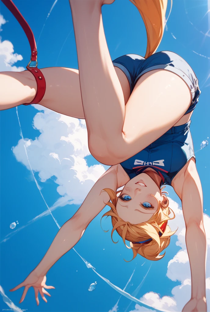 (masterpiece, best quality), (closeup), 1girl, petite, loli, slim, (crop top, white panties), jump in air, dynamic pose, smile, fun, cityscape, blue sky, bright sunlight, vibrant colors, watercolor