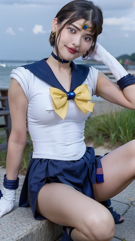 Sailor Uranus,One girl,Blonde,blue choker,Blue footwear,blue Sailor collar,blue skirt,boots,choker,Circlet,Earrings,gloves,jewelry,Magical girl,plant,Sailor collar,Sailor Mercury,Sailor Warrior Uniforms,Sailor Uranus,short hair,skirt,alone,star choker,tiara,very short hair,white gloves,Yellow ribbon、Nipples are visible