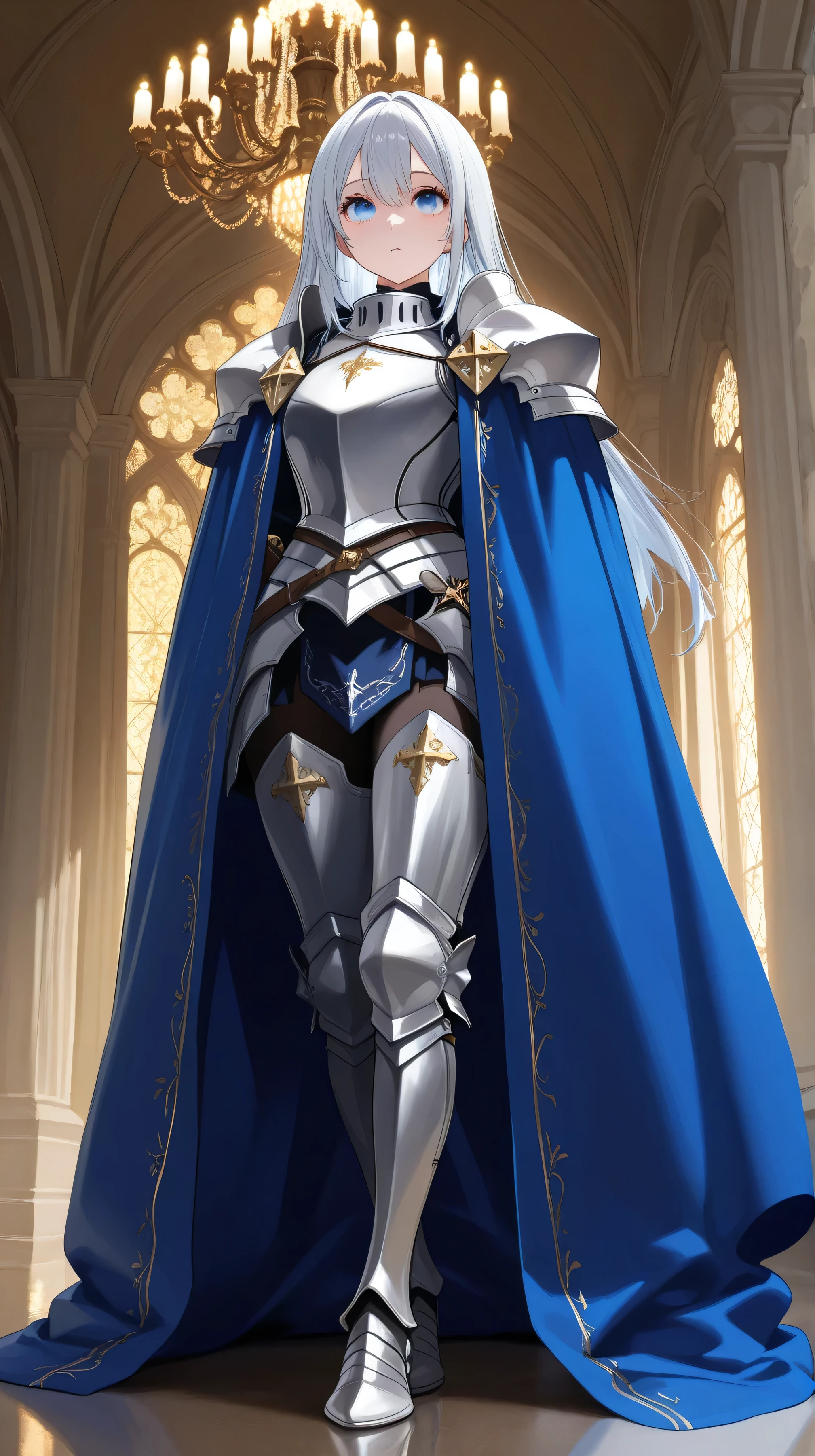 Photo Quality, Masterpiece, super high resolution, female knight, Silver Hair Straight, Deep blue and blue eyes, Moist eyes, light of will that dwells in the eyes, transparent iris, delicate eye description, dignified expression, Silver Armor, Blue cloak, Castle Hall , chandelier light is reflected in the eyes, clear down to the details of the eyes, glossy eyes, Full Body, Dramatic light