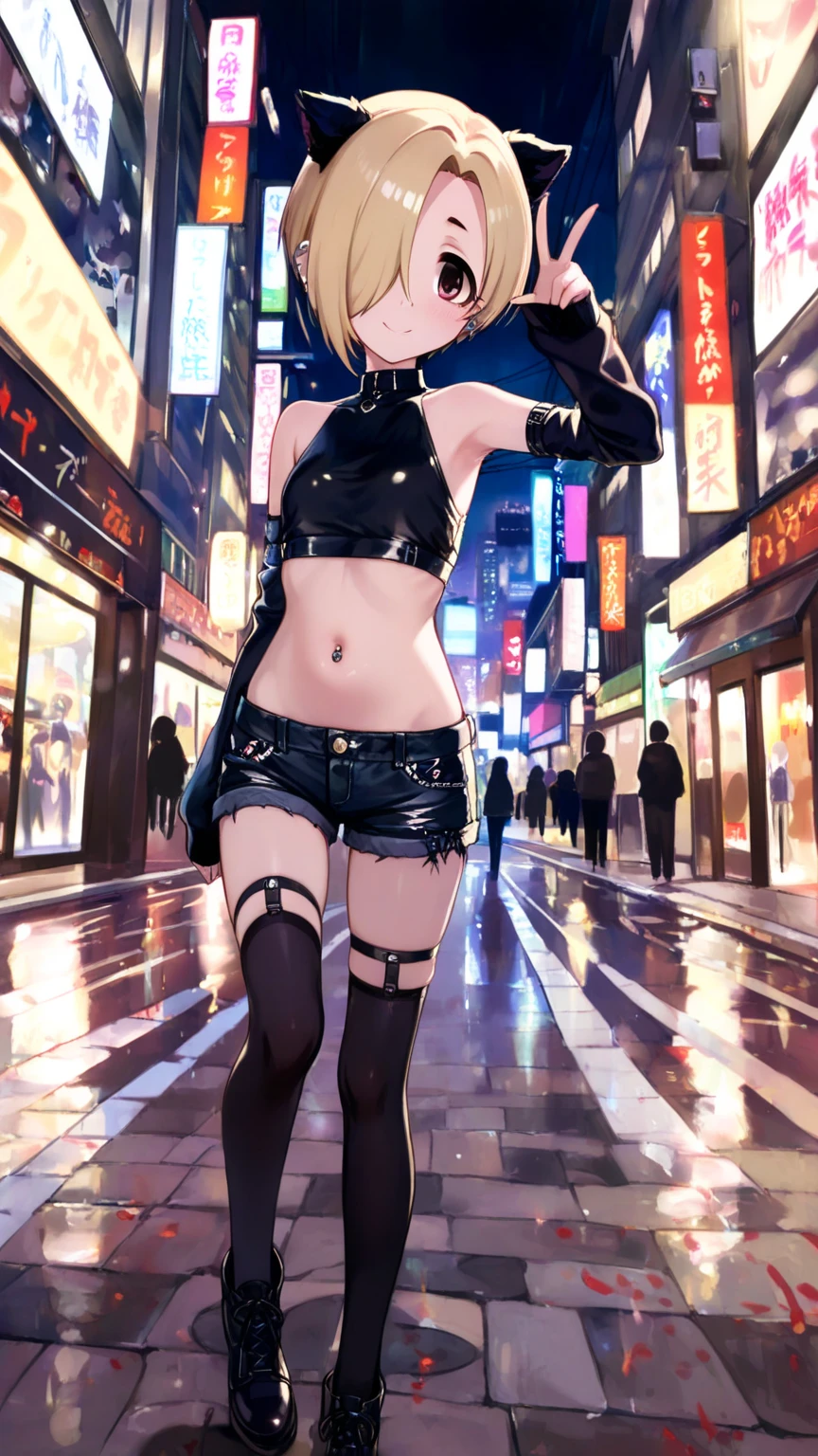 masterpece, 1 girl, ((topless)), latex skirt, fish net leggings, eye liner, goth, beanie hat, outdoor, navel, , streets, sweaty, marketplace, puddle, sneakers, necklace, sleeveless, holding canned beer, wet, night, city crossing, crowd, shibuya, outdoors, neon lights, small breasts, flat chests, puffy nipples, purple eyes, blonde hair, erect nipples, neck collar, slim waist, sneakers