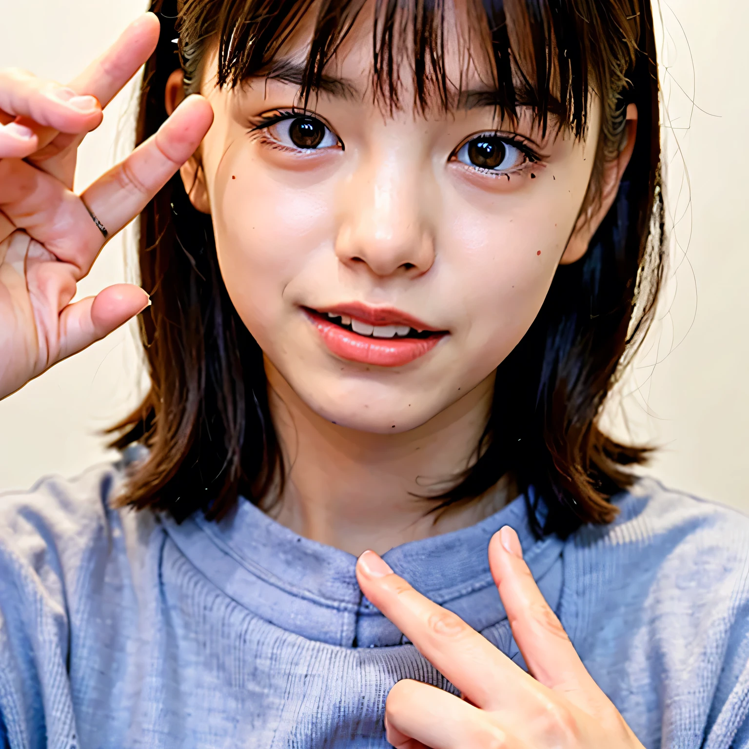 . A girl just swallowed. She shows a clear expression of discomfort and distaste, slightly sticking out her tongue as if reacting to the bitter taste. Her throat appears subtly tense, capturing the natural motion of swallowing. The atmosphere suggests the moment right after drinking, with a focus on the unpleasant expression and the realistic detail of the throat. posing with both hands raised beside her cheeks, making a peace sign, hands clearly positioned next to her face, focus on hands and gesture. long hair, dark hair, dark eyes.