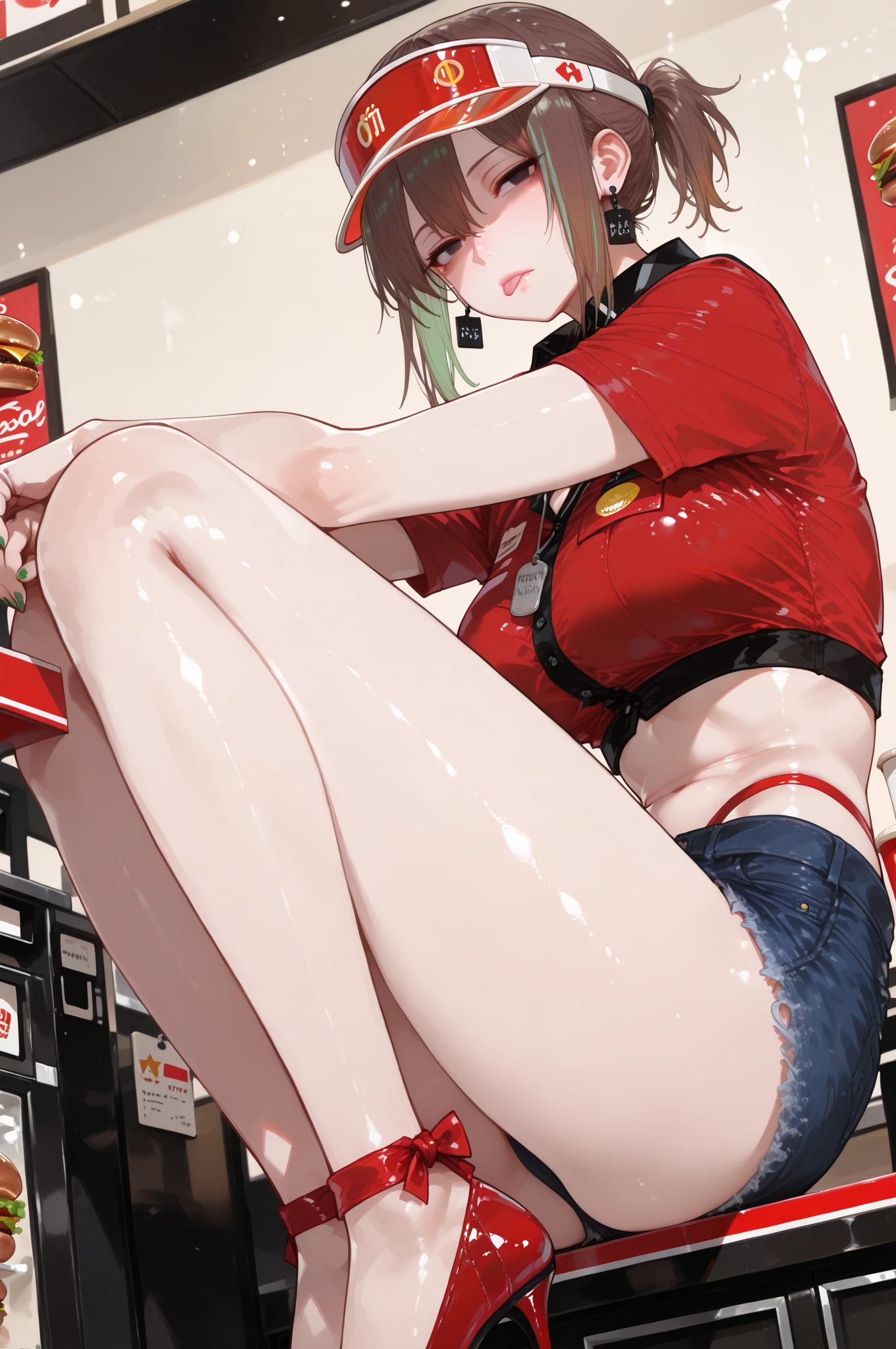 monsg, ponytail, bangs, hair bobbles, green eyes, flat chest, insanely detailed, beautiful detailed face, beautiful detailed eyes, masterpiece, best quality, extremely detailed, high quality, highly detailed, nude, red hair, short girl, aged down, smile, flat chested, male chest, indoors, masterpiece, best quality, shiny white closed toe heel shoes, covered toes, diamond anklets, aroused expression, seductive, seductive eyes, seductive smile, car interior, sports car, her whole body is visible, glowing eyes, cityscape, night, night sky, legs, smooth legs, seductive pose