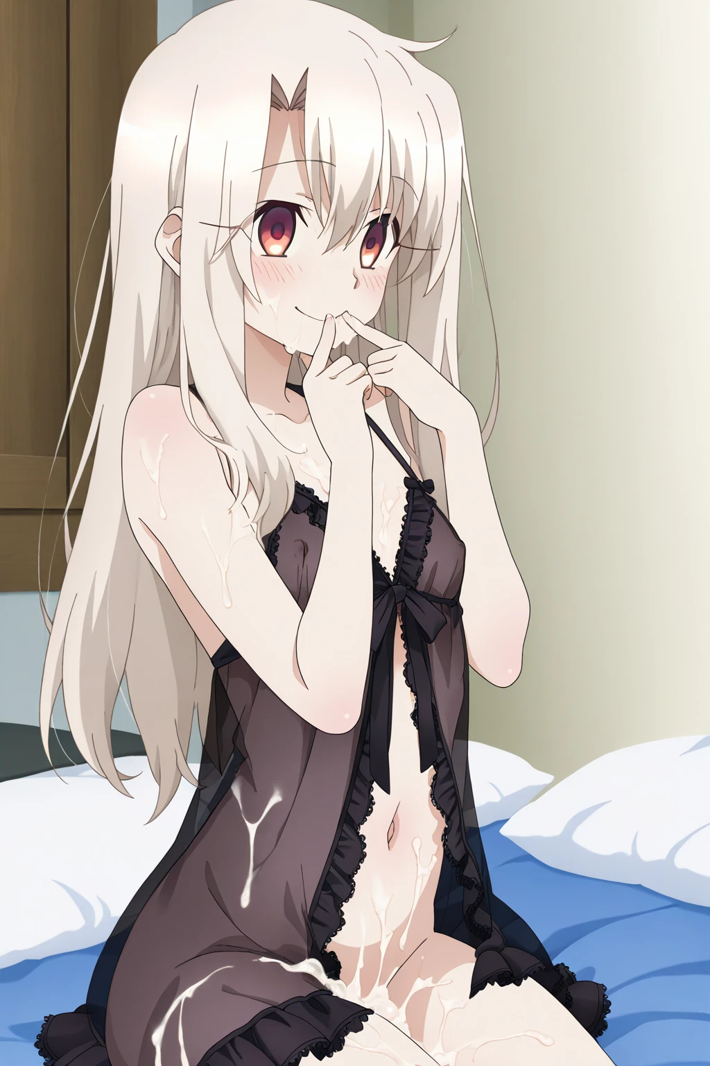 masterpiece, best quality, ultra-high-detailed, Disgusted face, white hair, red eyes, sigtuna julie , small breast, navel, ,Sweat, Warm body, hot body, A lot sweat , more sweat, hot temperature, , sweating, looking to viewer, deep eyes , evil smile, Sweated a lot, warm room, black lingerie