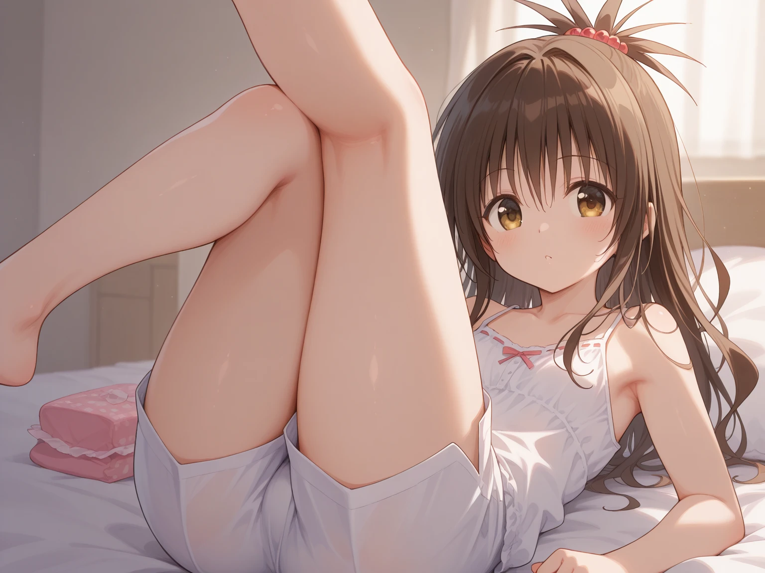 nude.master piece, best quality, detailed skin, 1girl,21years old. (seiza*1.3) soft lighting, nice hands, perfect hands, embarrassed, shy, looking back, looking at viewer.(white panties:1.3), .bob cut.black eyes,dropping eyes,small breasts..(white loose socks:1.2) 1girl, antenna hair, bangs, blush, brown hair,on the bed / on the couch, green eyes, hair bobbles, hair ornament, looking at viewer, open mouth, ,short hair, smile, socks, solo, teeth, underwear,