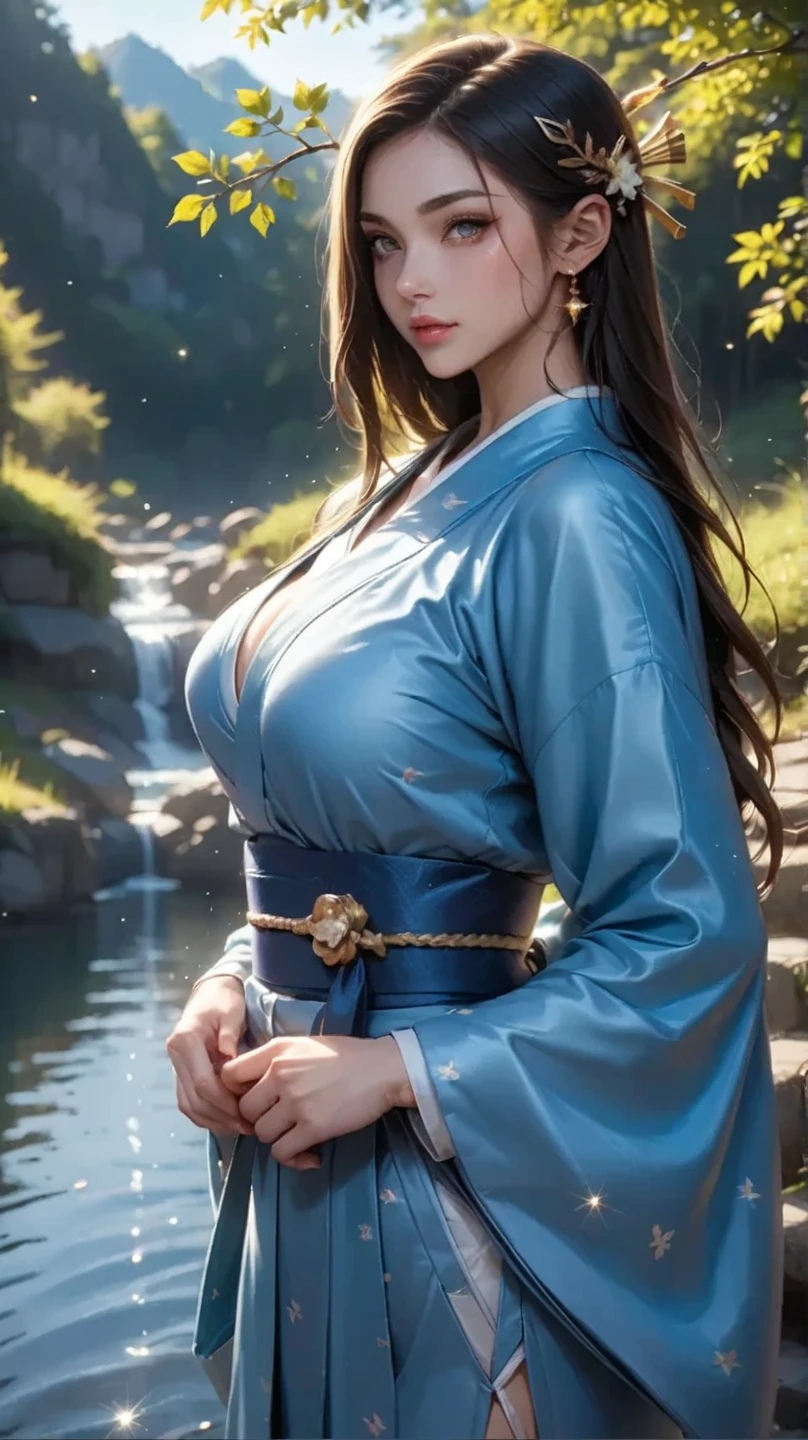 riofutaba, highres, Top quality, Illustration, Ultra detail, (detailed face), (detailed eyes), Soft lighting, Top quality, Ultra detail, Masterpiece, 1girl, Solo, Costumes 4, Ash brown hair, Long hair, Brown eyes, Glasses, Japanese clothes, Blue kimono, Yukata, Wide sleeves, Floral, Bright eyes, Big breasts, (Colorful), Smile, Tanabata, Bamboo, Strips, Outdoors, Seated, Night, Starry sky, Night sky, water --auto