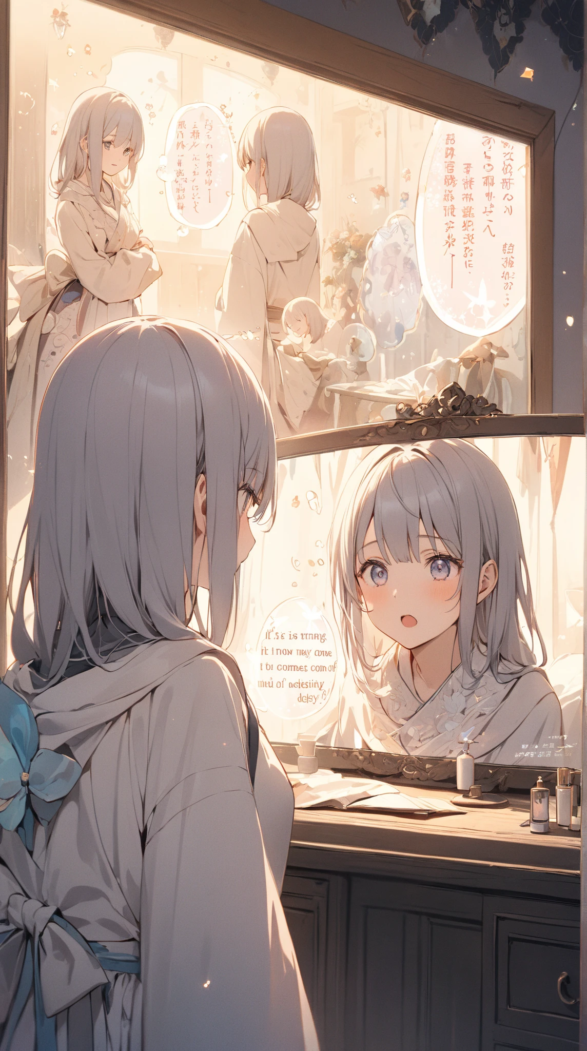 (1girl_1.1), {sitting _ lying _ kneeling _ standing }, (mirror_1.1),( holding phone_1.1), clothes