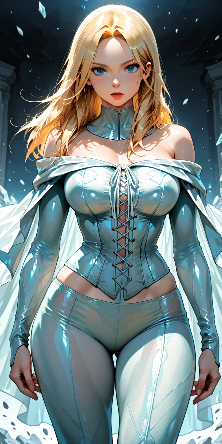 Sexy Emma Frost from the X-Men,illustration,high-res,ultra-detailed,realistic:1.37,fierce attitude,cleavage,vivid colors,professional lighting,icy blue color tone, mesmerizing gaze, flowing blonde hair,fit and toned physique,diamond-like skin,sleek white costume,confident and powerful pose,background with shards of ice
