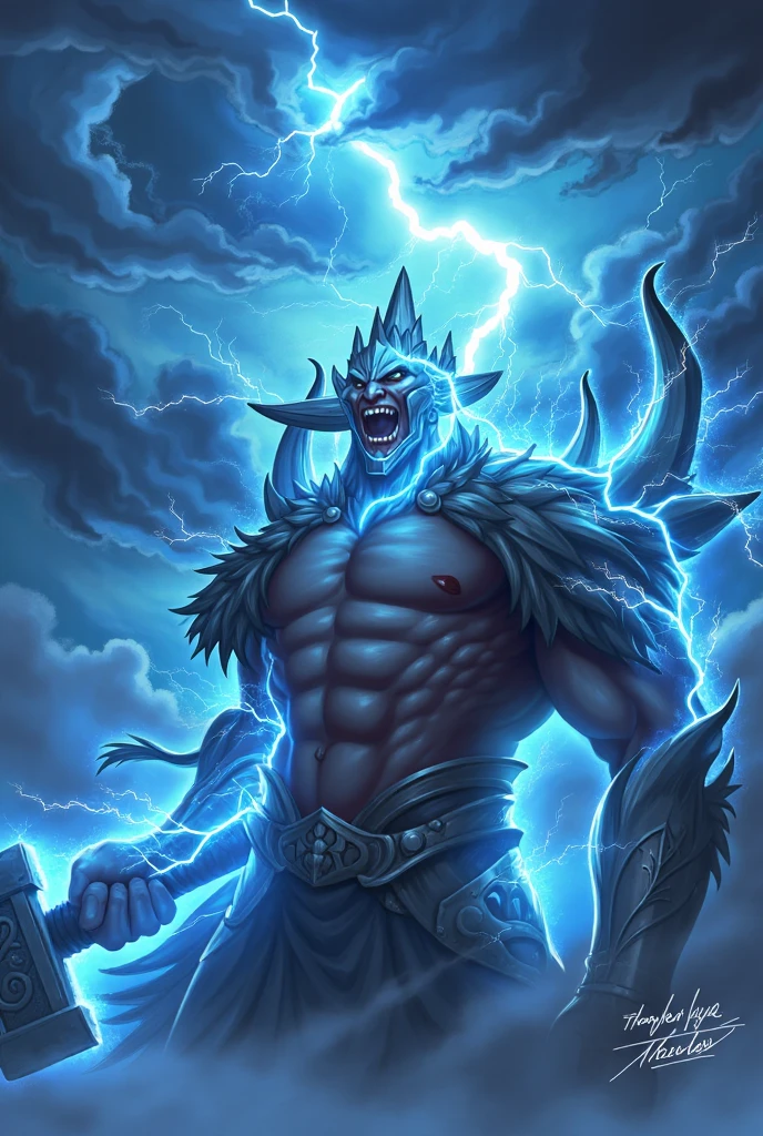 foreground(A combination of a pirate and a shark,Blue-gray skin,strong,Big villain)Background with(Burning town)